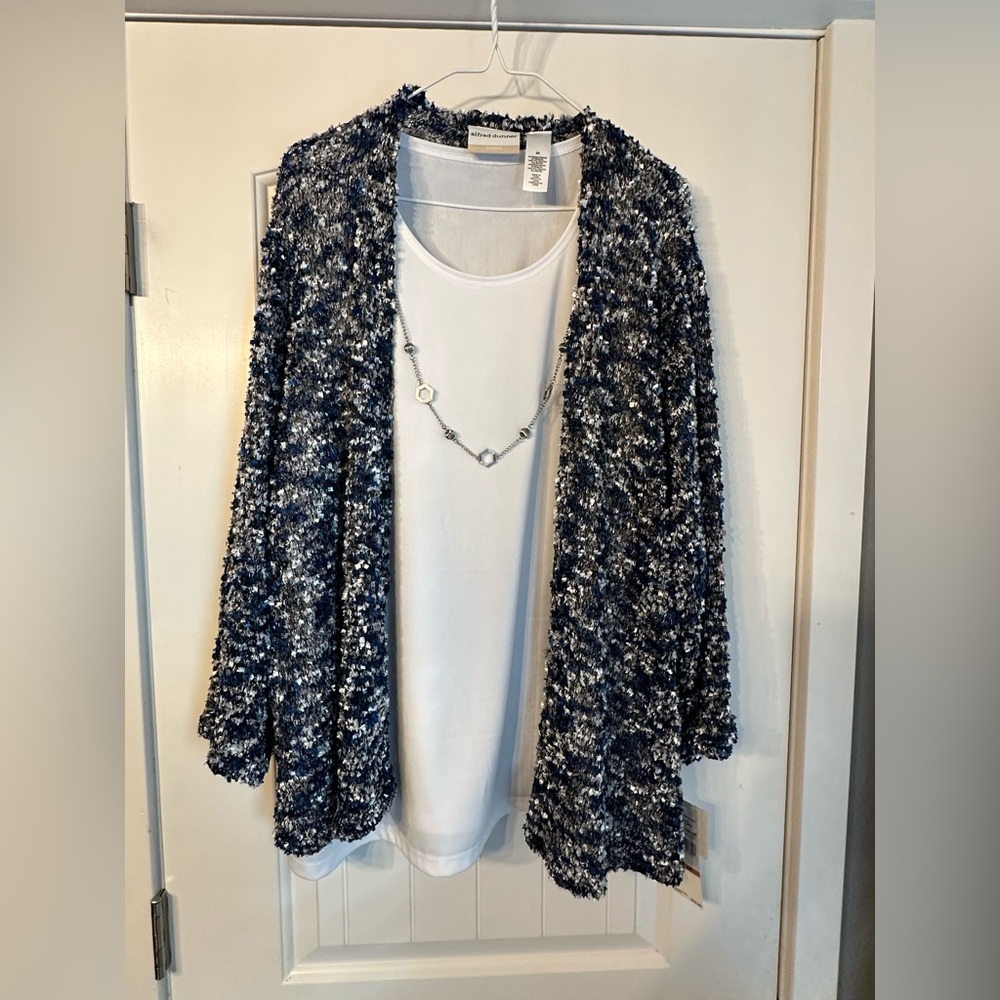 Alfred Dunner Navy and White Textured Cardigan Blouse set